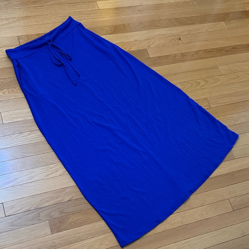 Zenana Blue Maxi Dress Pockets Tie Waist Casual Lounge Stretch